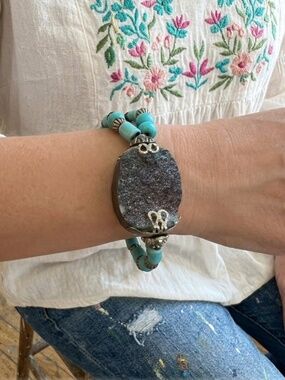 Boho Titanium Quartz Druzy & Faux Turquoise Howlite Bead Double Strand Bracelet